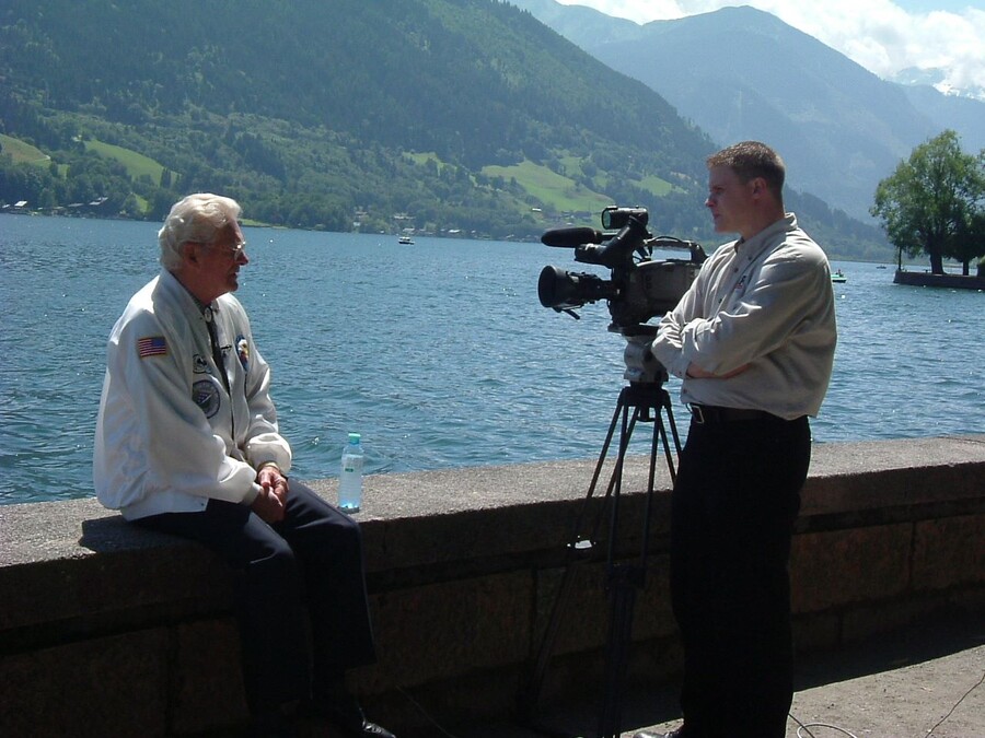 Kane Farabaugh interviewing a WWII veteran in Austria